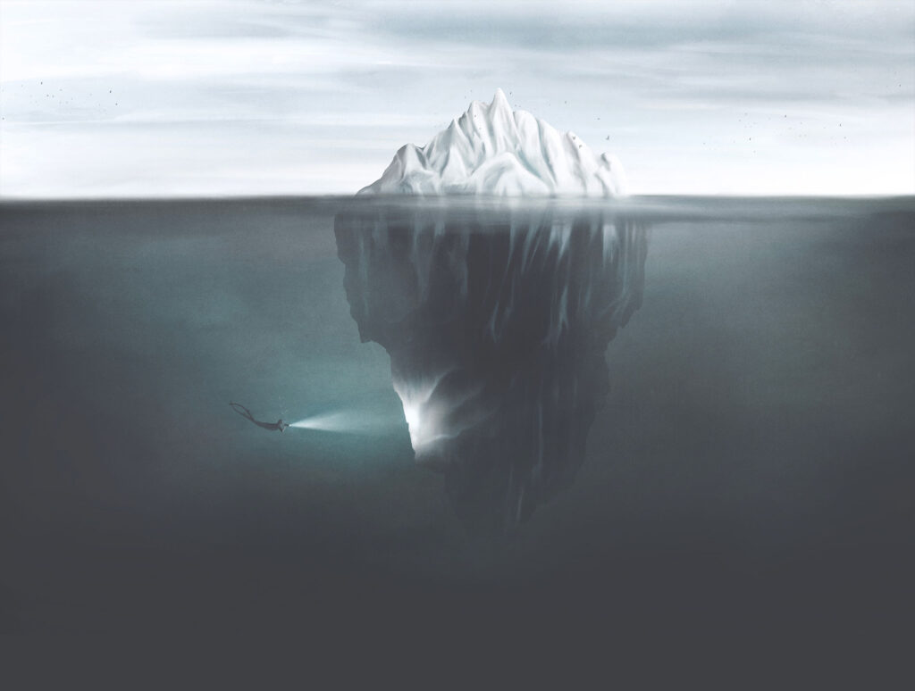 Illustration of an iceberg with most of it hidden under the water, and a diver shining a torch at its base