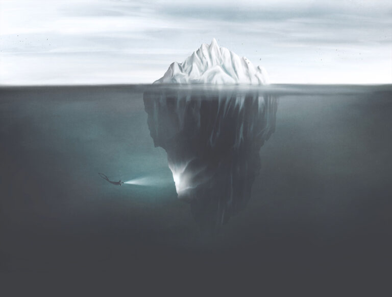 Illustration of an iceberg with most of it hidden under the water, and a diver shining a torch at its base