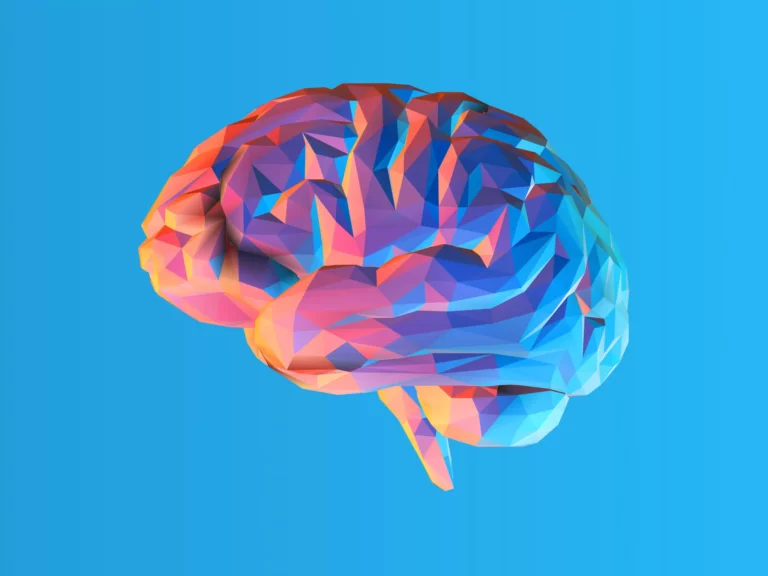 A low-poly illustration of a brain in pink, purple and blue on a bright blue background