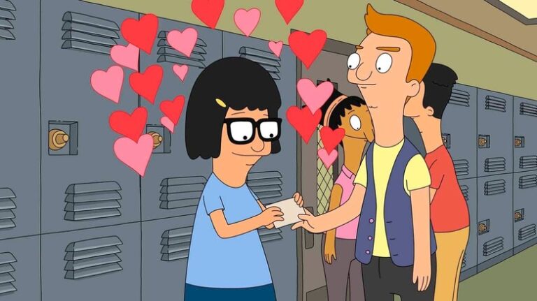 A cartoon of a girl with glasses handing a note to a boy in a school corridor, with hearts floating above her