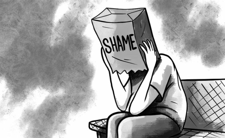 A black and white drawing of a person sitting hunched over with a paper bag over their head labelled Shame