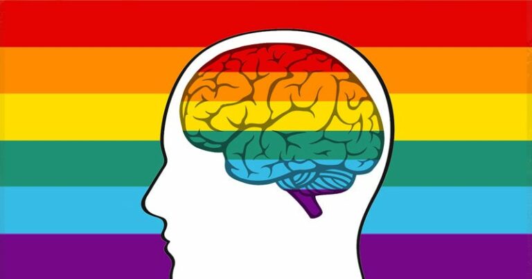 Illustration of a head in profile with a rainbow-coloured brain, against rainbow stripes