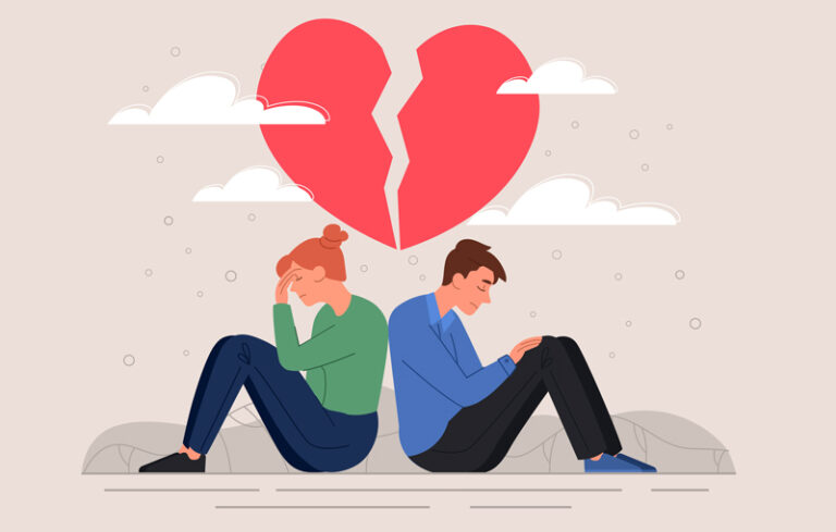 Illustration of a couple sitting back to back looking down, with a broken heart above them